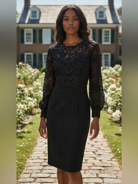 Eva Mendes NY&C Hollywood Loyalty Black Lace Sleeve Sheath Dress Size 10 Glam